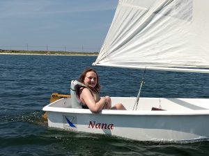 casey sailing and smiling in the pram nana